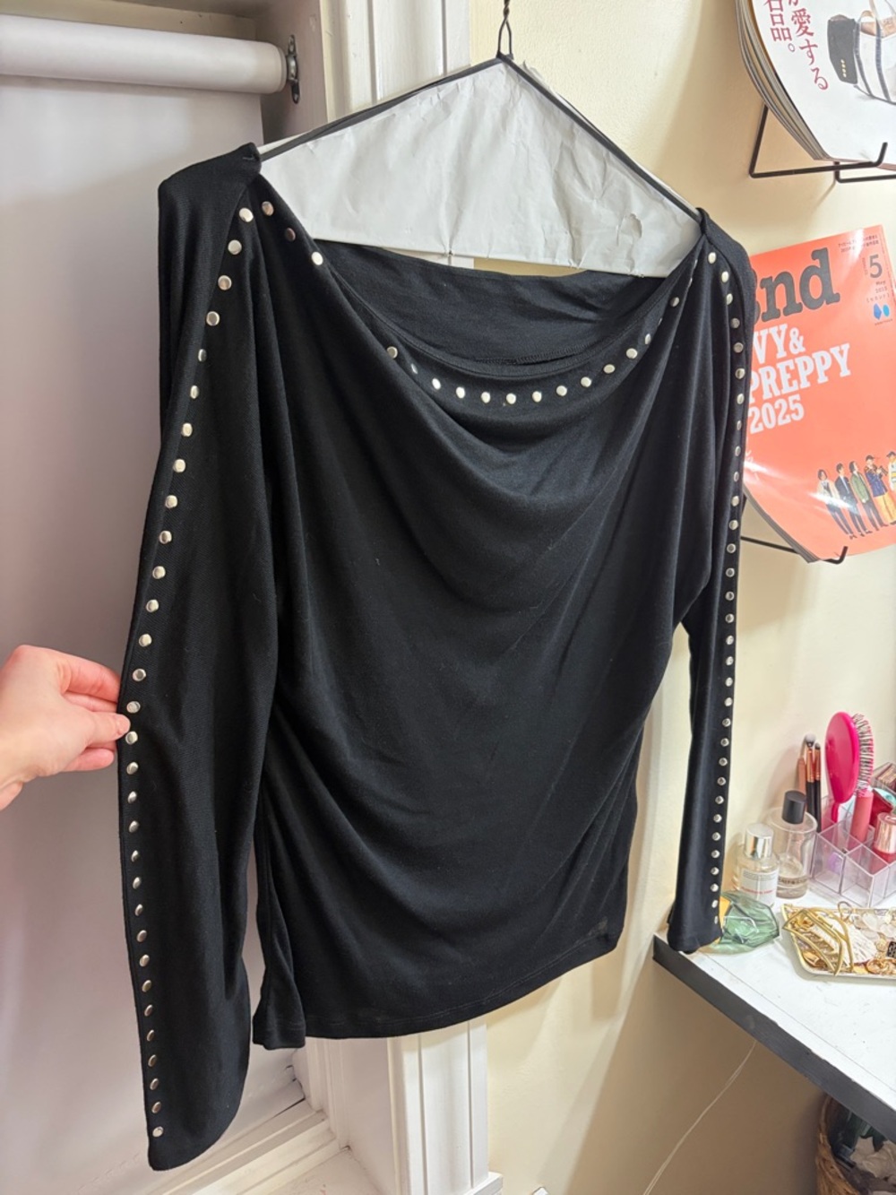 ZARA Black Draped Long-Sleeve Top with Silver Studs